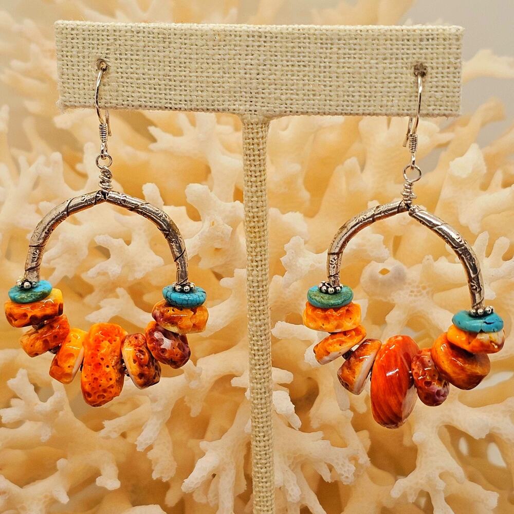 Orange Spiny Oyster Turquoise Sterling Silver Hoop Artisan Earrings